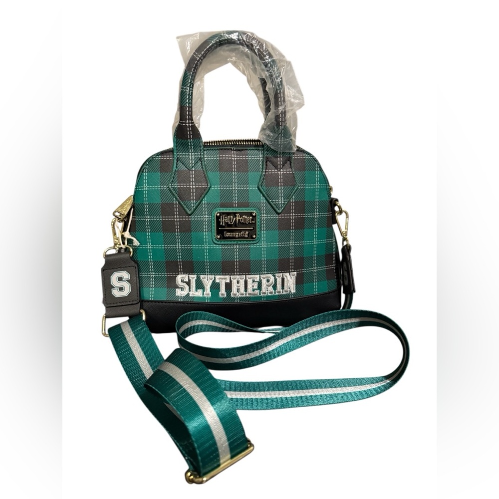 NWTS Loungefly Harry Potter Slytherin Patch Varsity Plaid Crossbody Bag, Multi - Picture 8 of 12